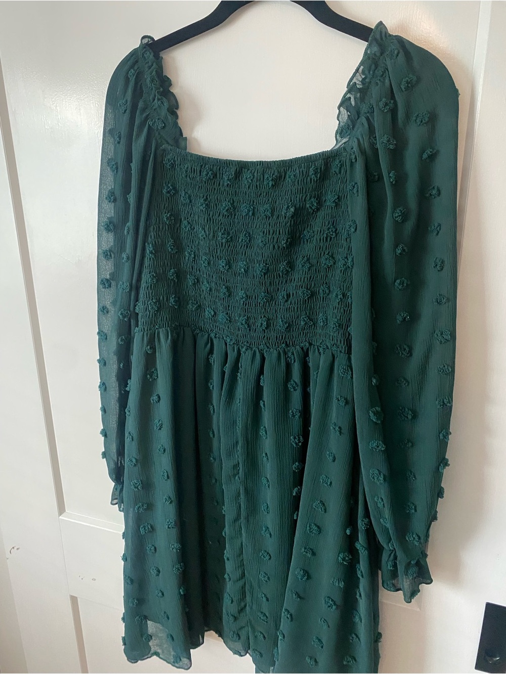 Women's Green Textured Long-Sleeve Mini Dress